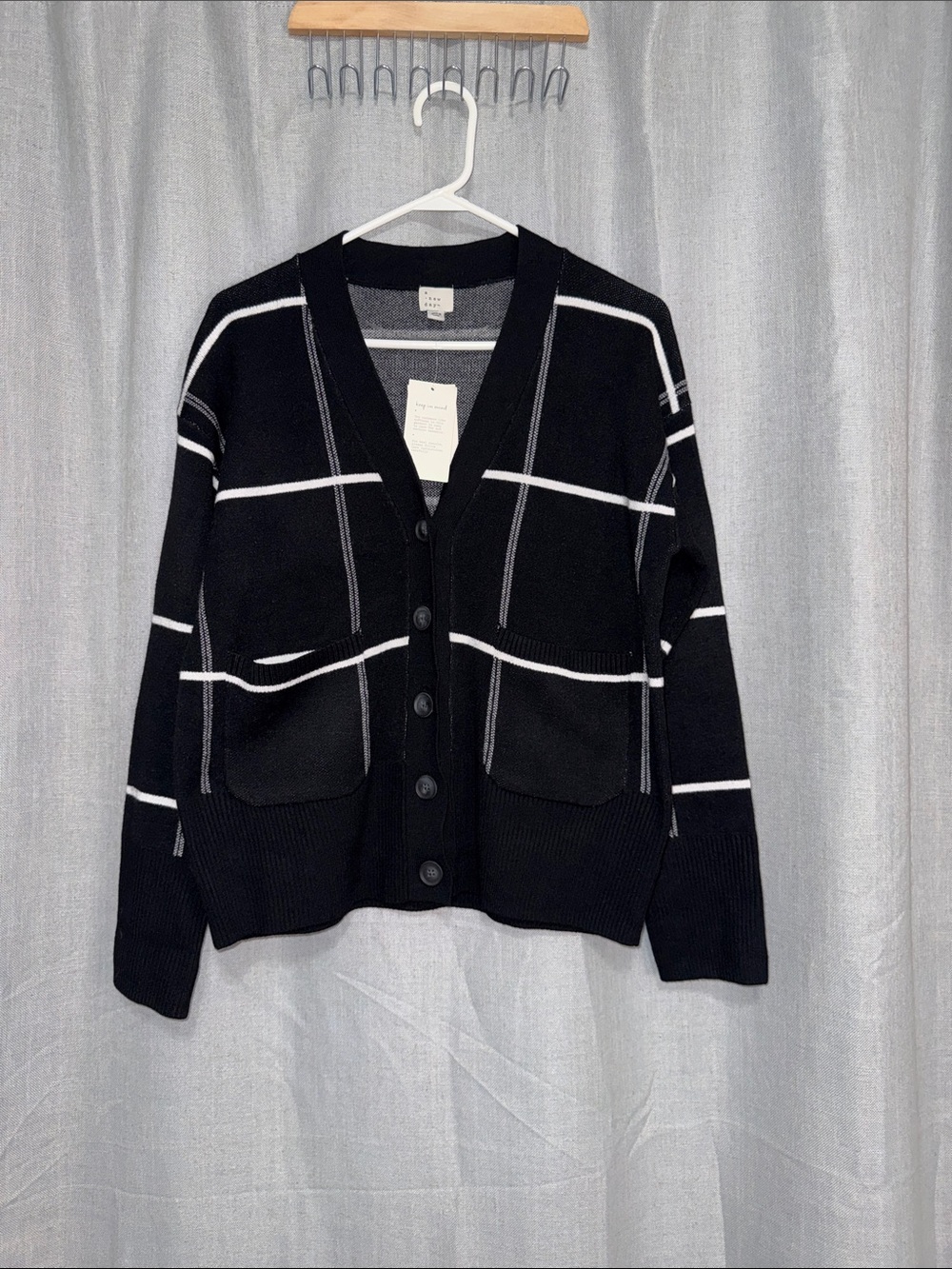 A New Day Black & White Windowpane Plaid Cozy Knit Cardigan Sweater